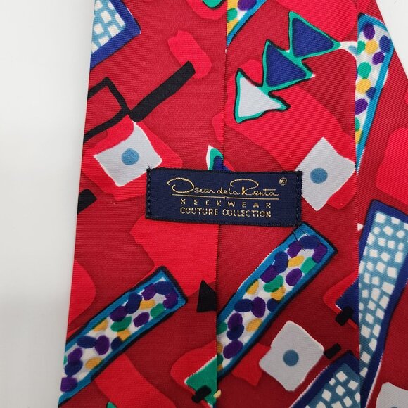 Oscar de la Renta Necktie Silk Holiday Geometric Red Green 61" L 3.75" W - Picture 5 of 6